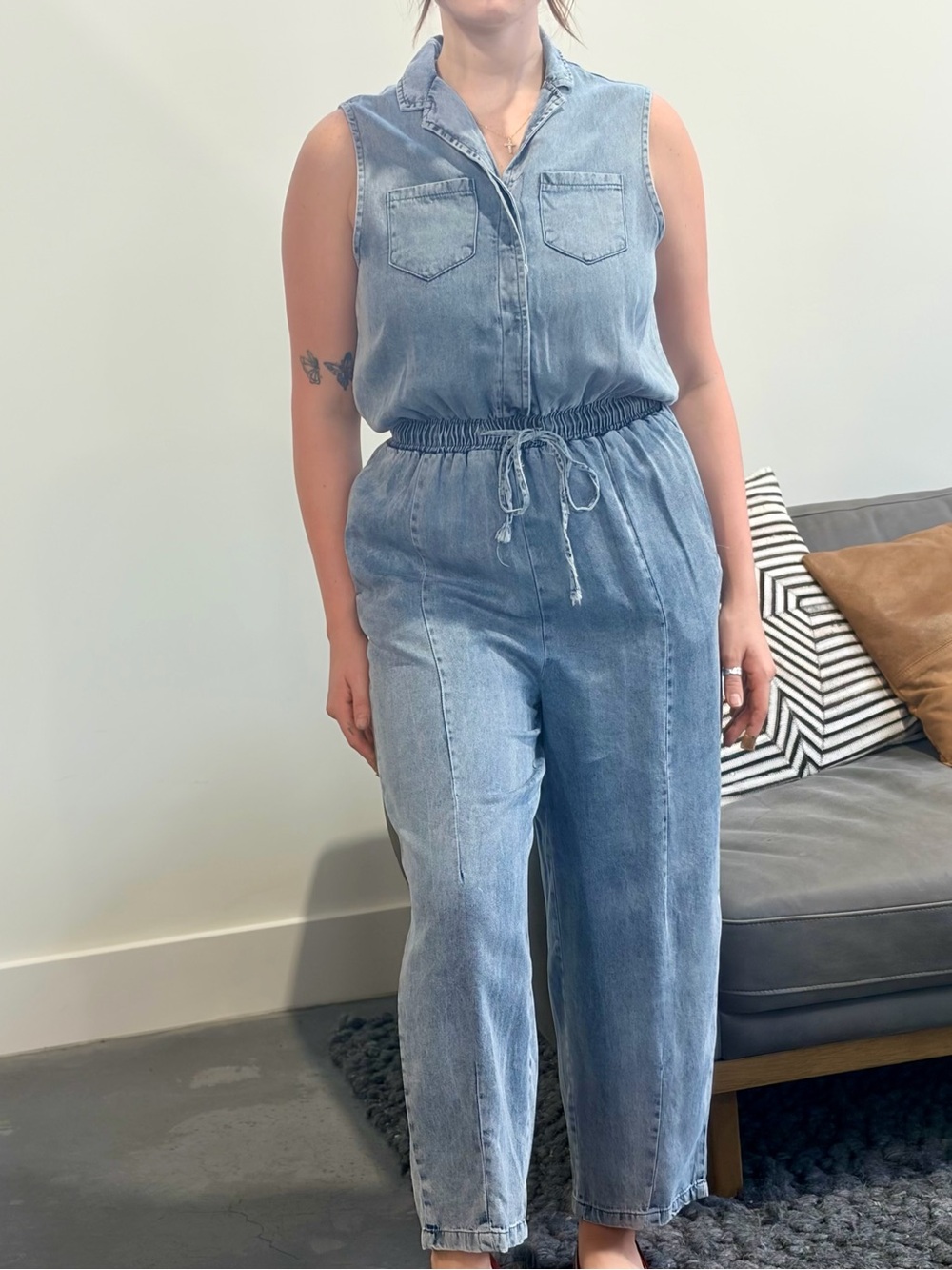 Sleeveless Light Blue Denim Drawstring Jumpsuit
